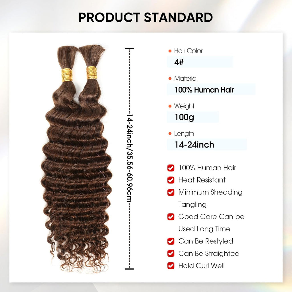 Human Braiding Hair 14Inch 100G Chocolate Brown Deep Wave Bulk No Weft Bohemian for 100% Brazilian Virgin Curly Extensions Boho Braids (#4)