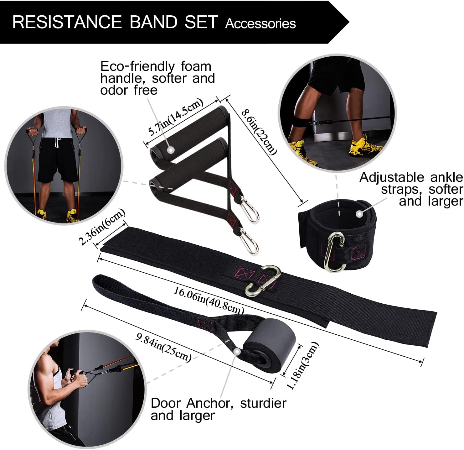 Resistance Bands with Handles - Designed for American Body Types, Exercise Workout Tubes for Men, Women, Includes Large Handles, Ankle Straps, Door Anchor, Fitness Levels