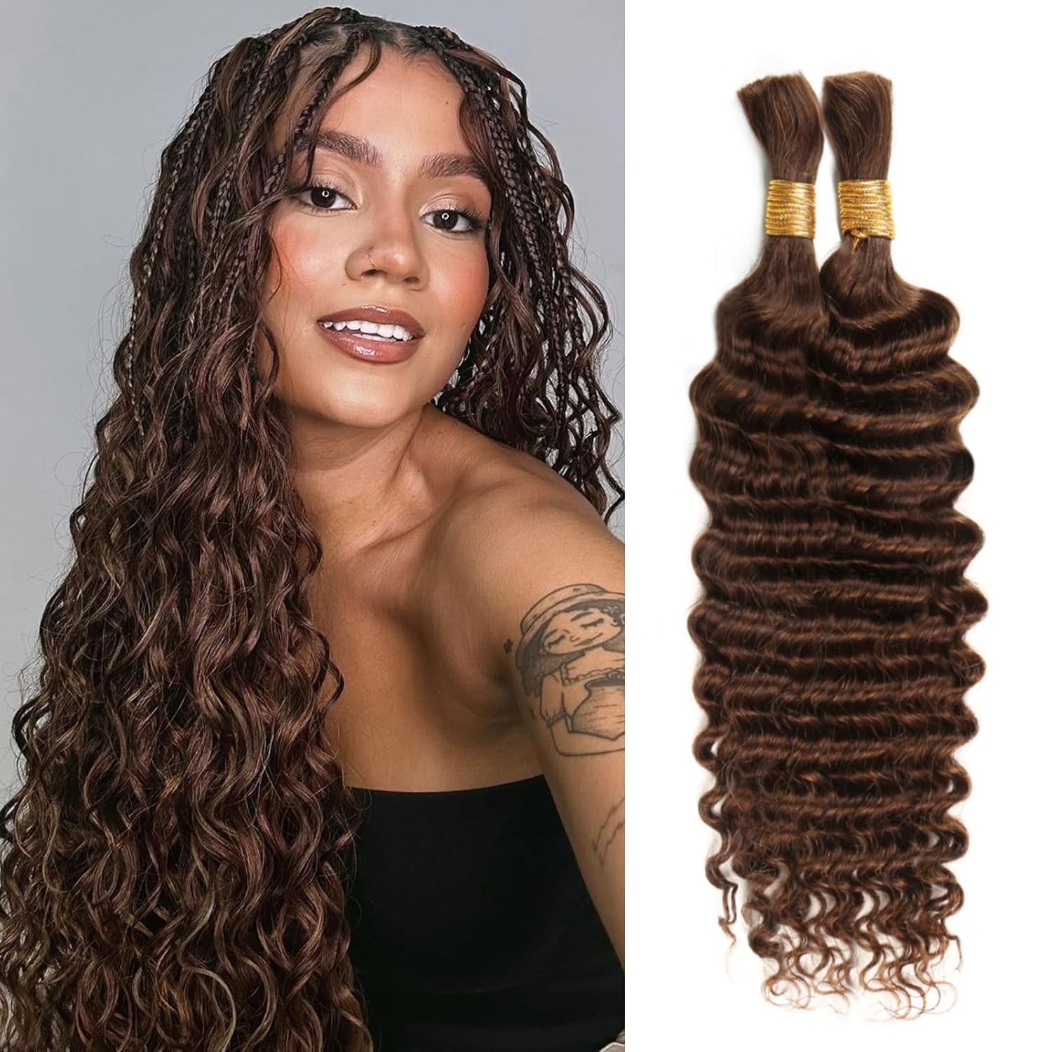 Human Braiding Hair 14Inch 100G Chocolate Brown Deep Wave Bulk No Weft Bohemian for 100% Brazilian Virgin Curly Extensions Boho Braids (#4)