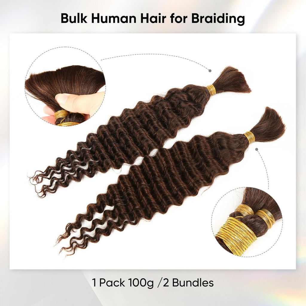 Human Braiding Hair 14Inch 100G Chocolate Brown Deep Wave Bulk No Weft Bohemian for 100% Brazilian Virgin Curly Extensions Boho Braids (#4)