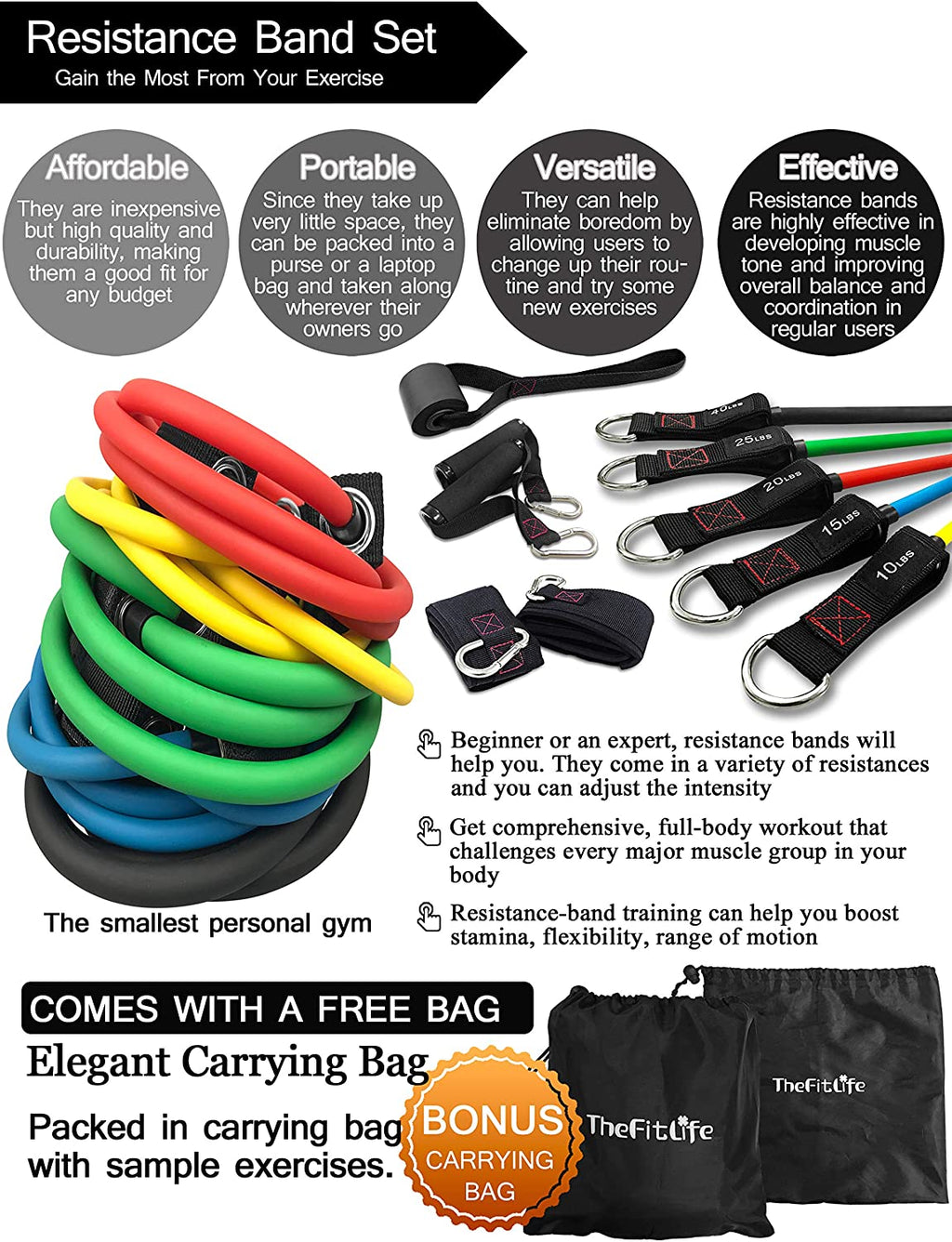 Resistance Bands with Handles - Designed for American Body Types, Exercise Workout Tubes for Men, Women, Includes Large Handles, Ankle Straps, Door Anchor, Fitness Levels