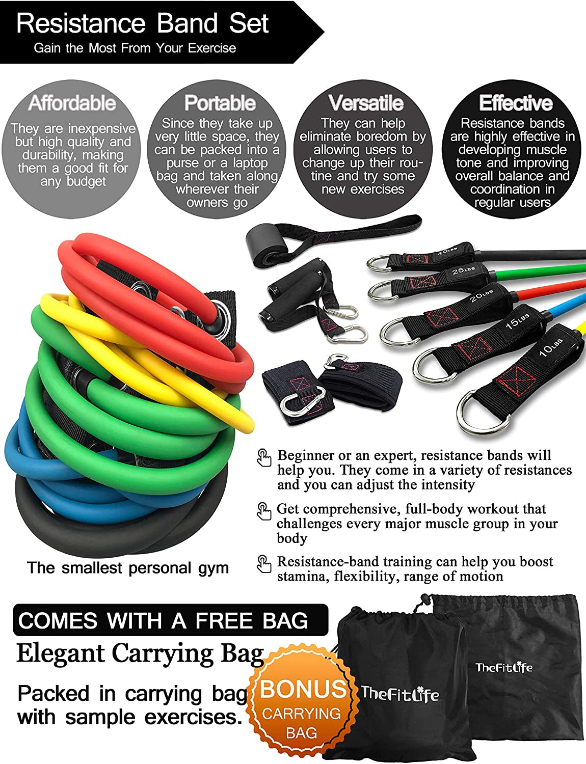 Resistance Bands with Handles - Designed for American Body Types, Exercise Workout Tubes for Men, Women, Includes Large Handles, Ankle Straps, Door Anchor, Fitness Levels